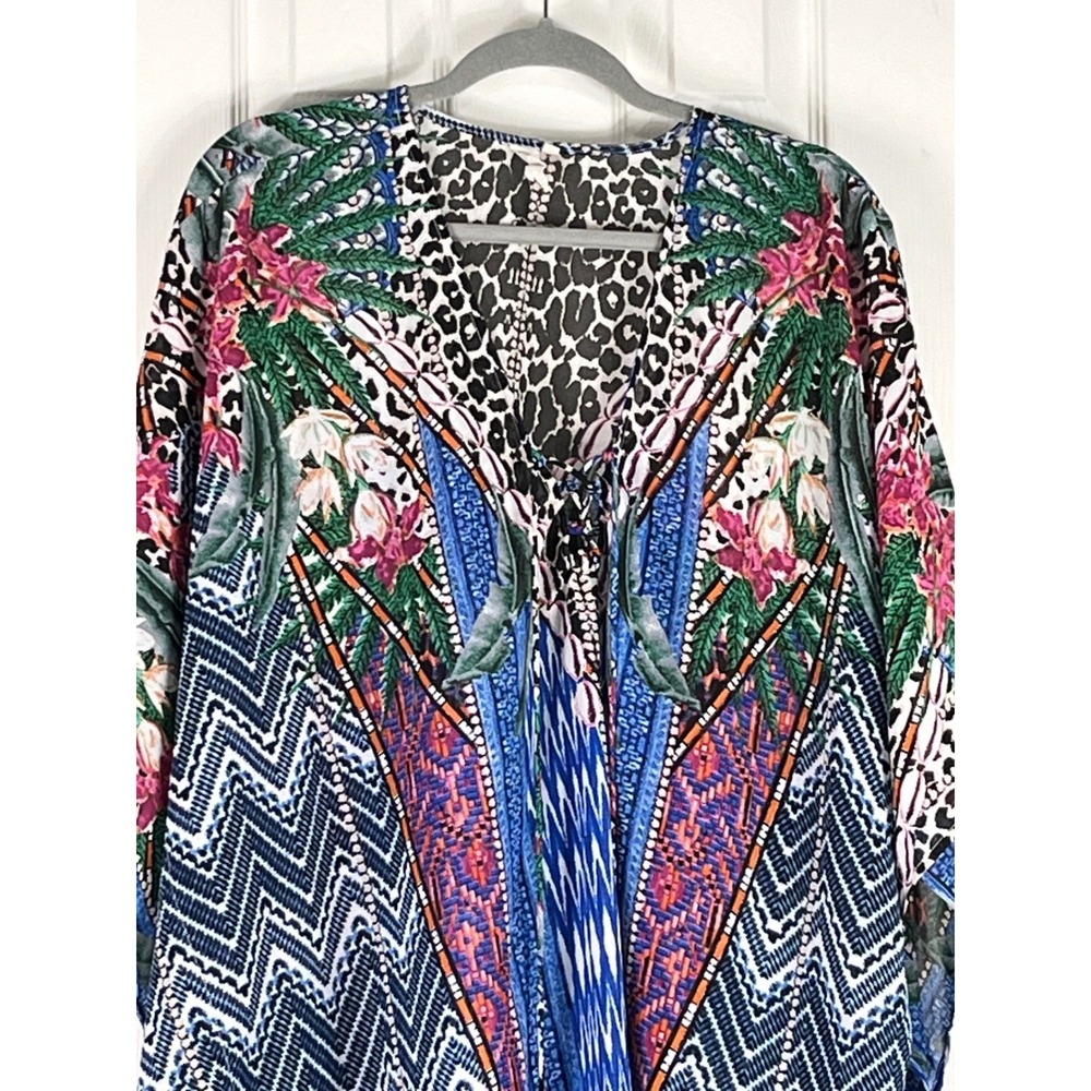 Violet Sky Womens Kaftan Cover Up Blue Leopard Floral Shell Lace Up One Size